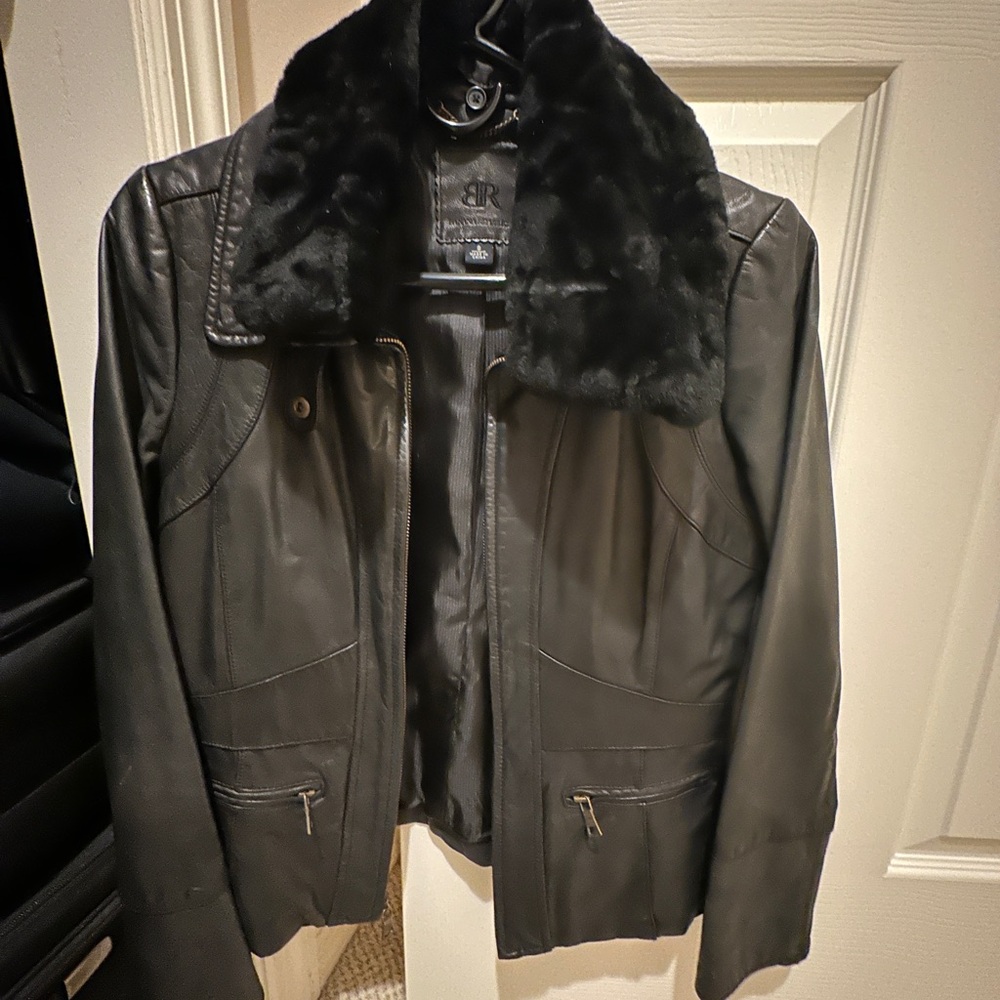 Black Leather Jacket with Faux Fur Collar